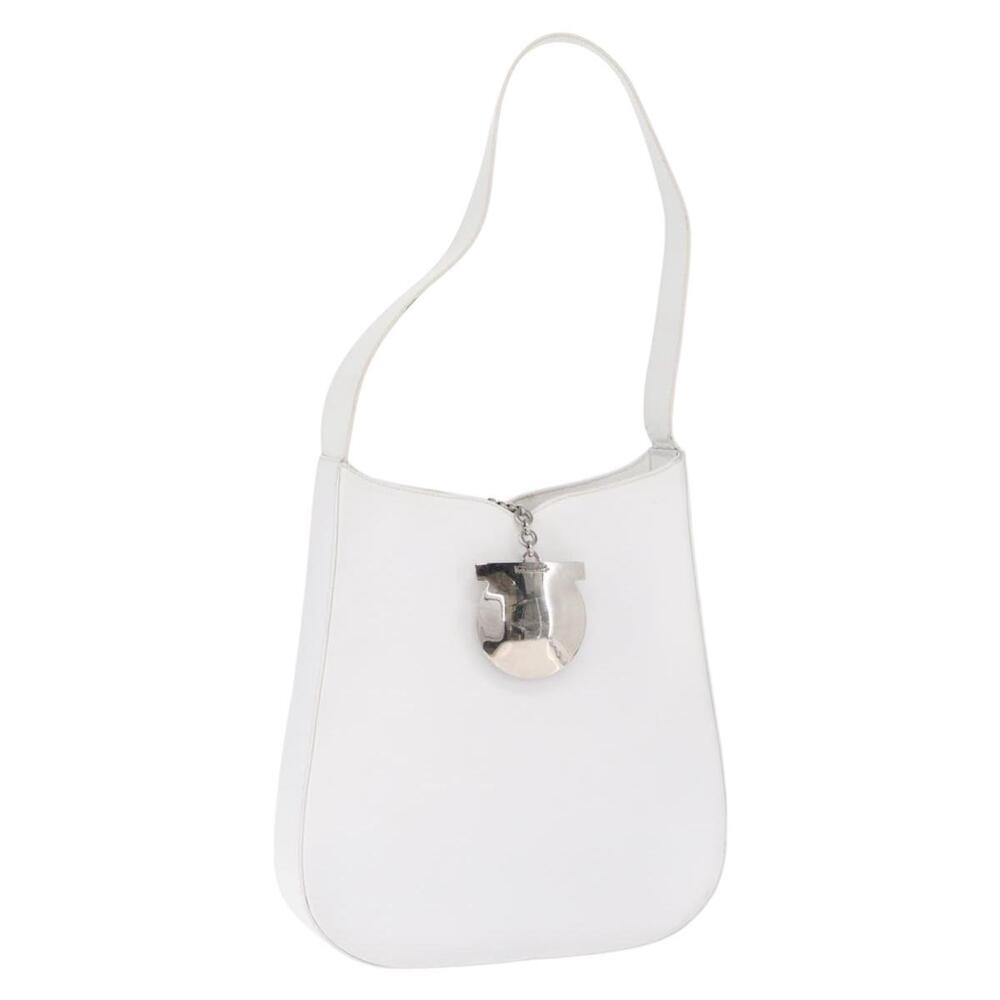 Salvatore Ferragamo Gancini Shoulder Bag Leather White Silver Auth BA9272
